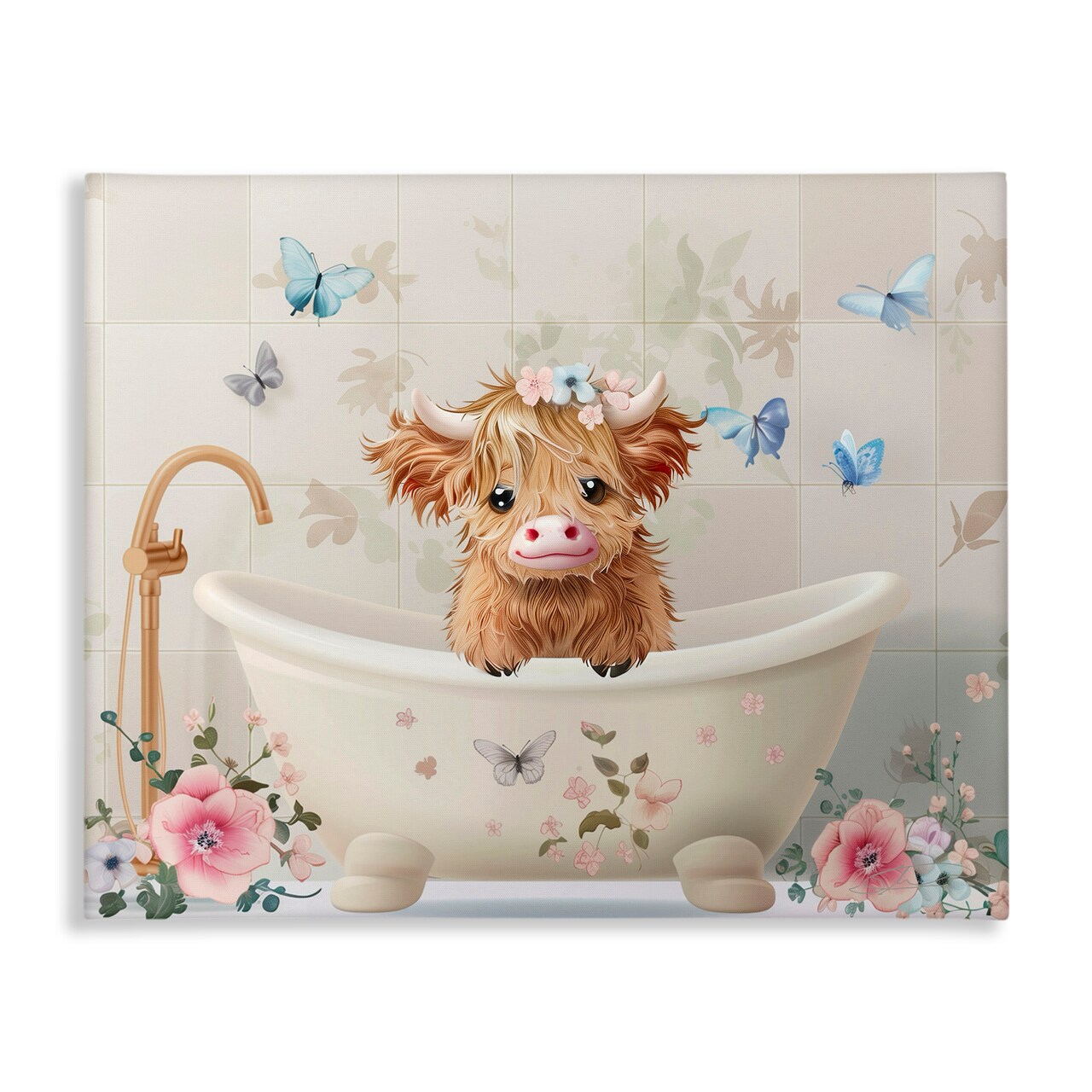 Stupell Industries Baby Cattle in Floral Tub Canvas, design by Shawna Stewart